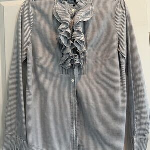 J Crew Charcoal/White Striped Ruffle Front Blouse, size 6, EUC